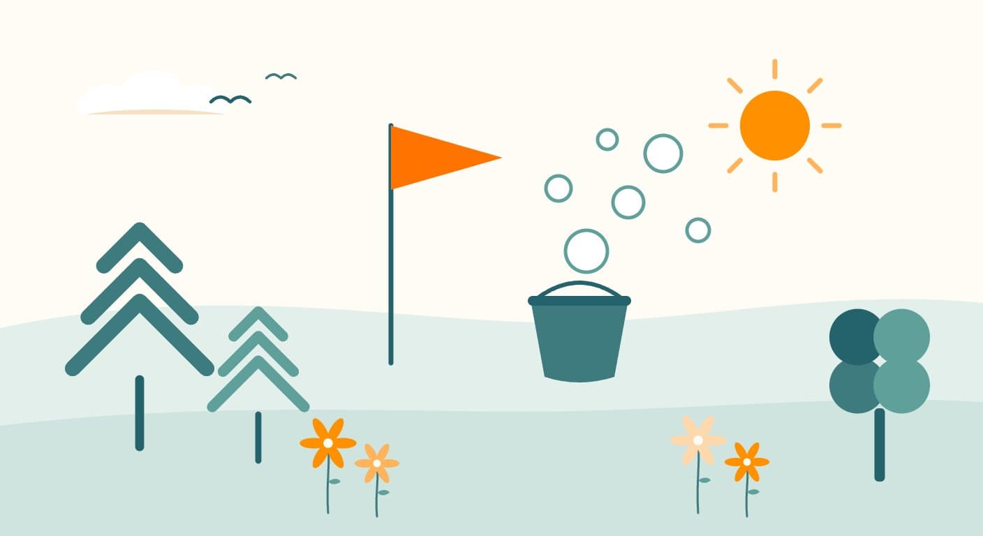 Drawing of a camp pennant, pine trees, a sun and a bucket blowing bubbles in a meadow with flowers.