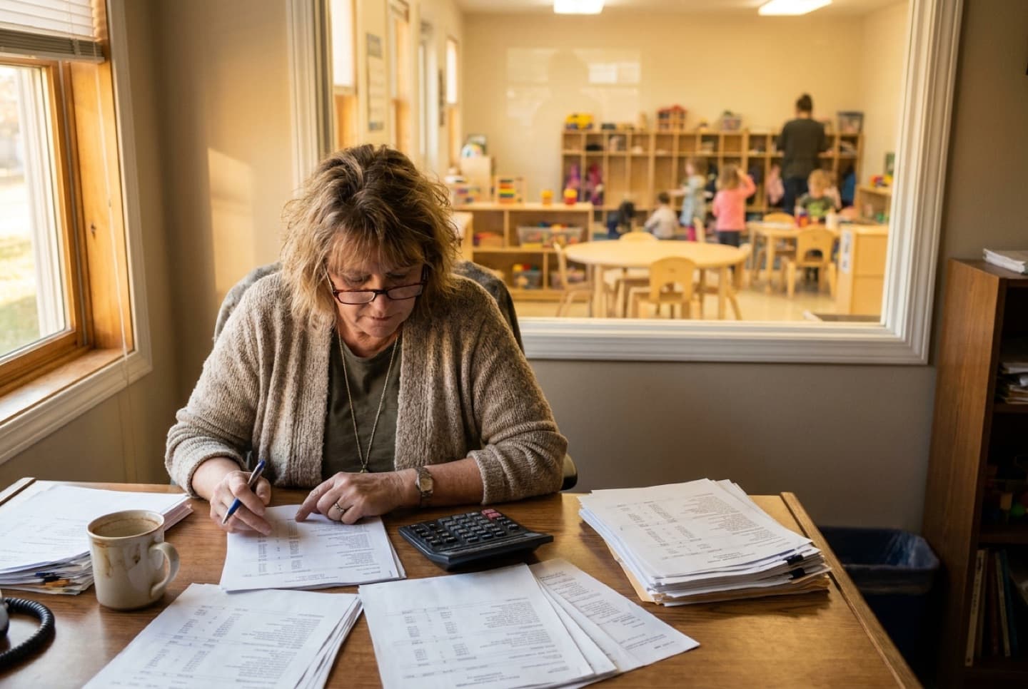 Preschool owner working through printed budget pages with a calculator at her desk.