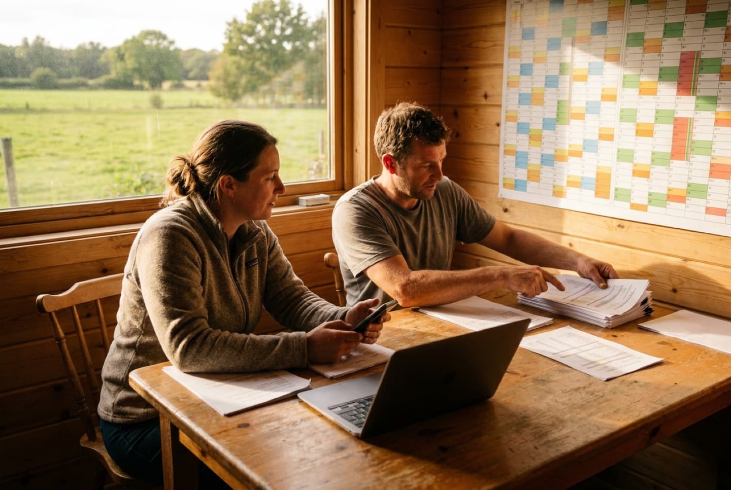 Camp director and staff member test a registration form on a phone in the camp office.
