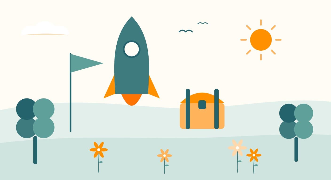 Drawing of a camp pennant, a rocket, a sun and a treasure chest in a meadow with trees and flowers.