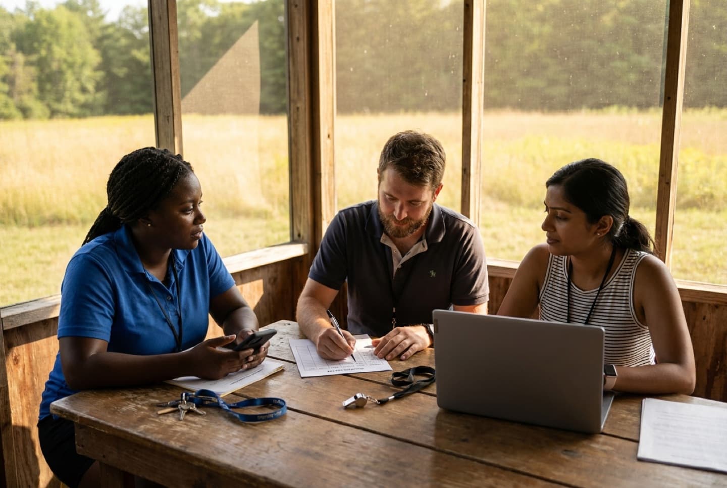 Three camp staff members evaluate software together around a table in a camp office.