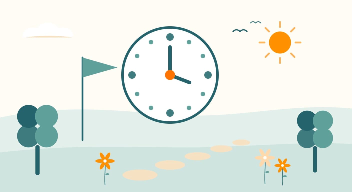 Drawing of a clock face made of dots beside a sun, a pennant and a path of stepping stones in a meadow.