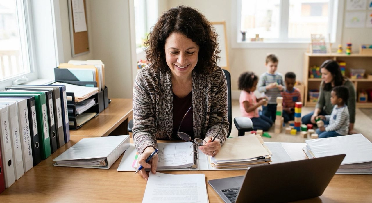 Childcare director reviewing compliance and licensing documents at an organized desk.