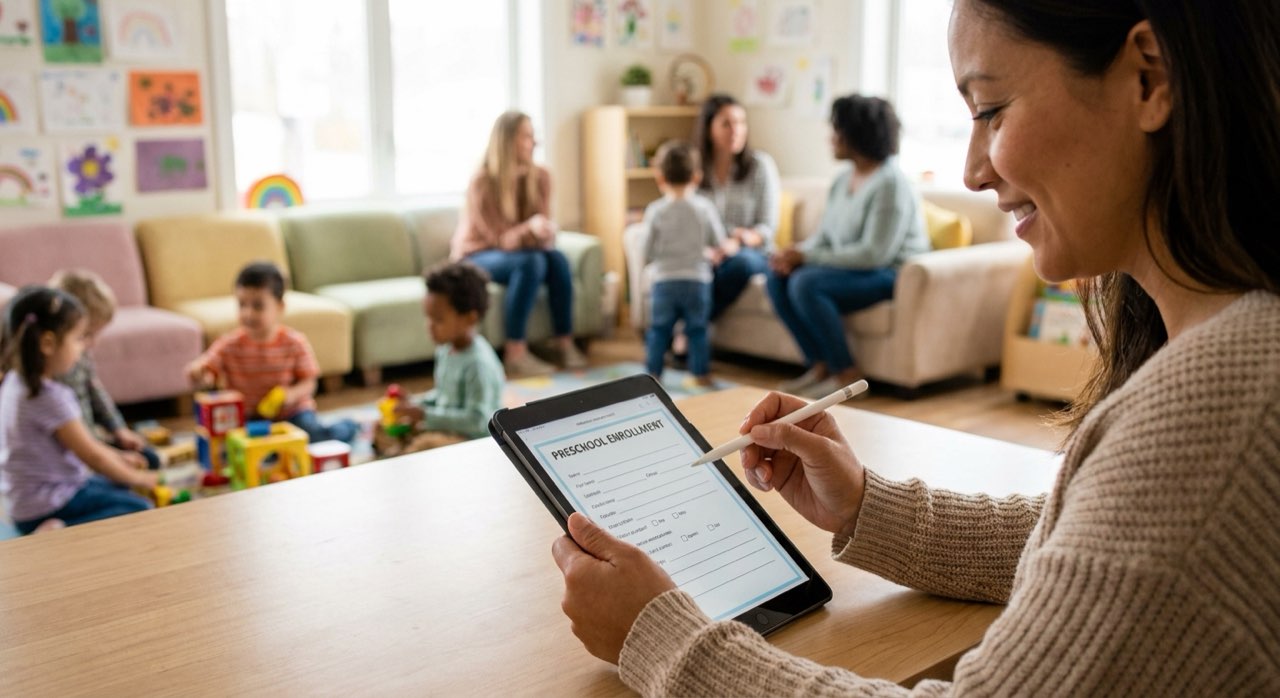 Parent completing digital enrollment forms on a tablet at a bright preschool.