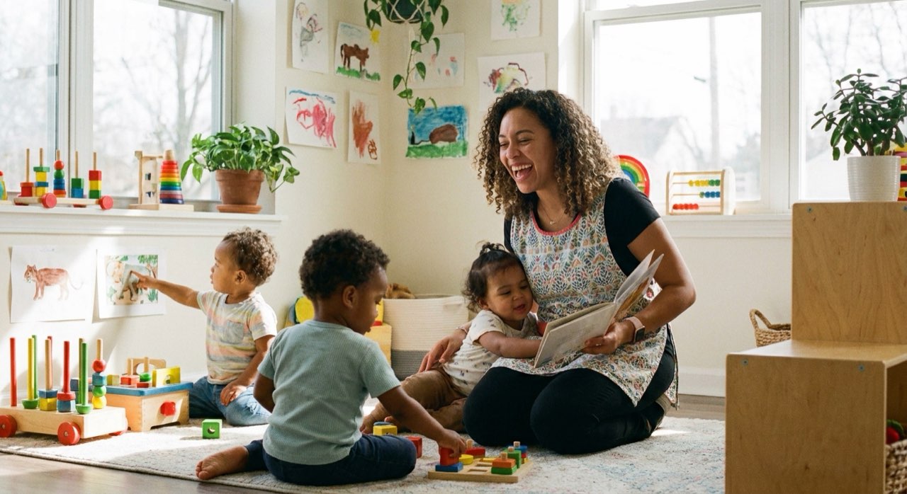 Warm candid moment in a bright daycare classroom with a caring teacher and a few young children.