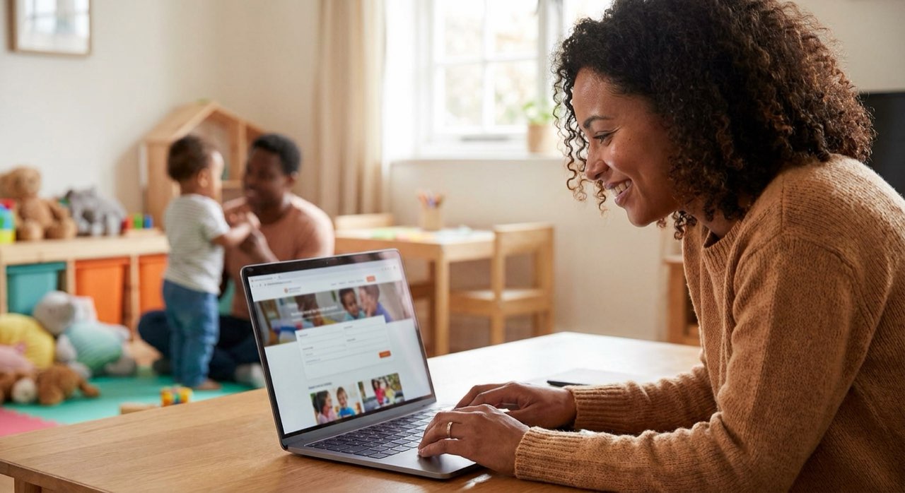 Parent browsing and registering for childcare programs online on a laptop.