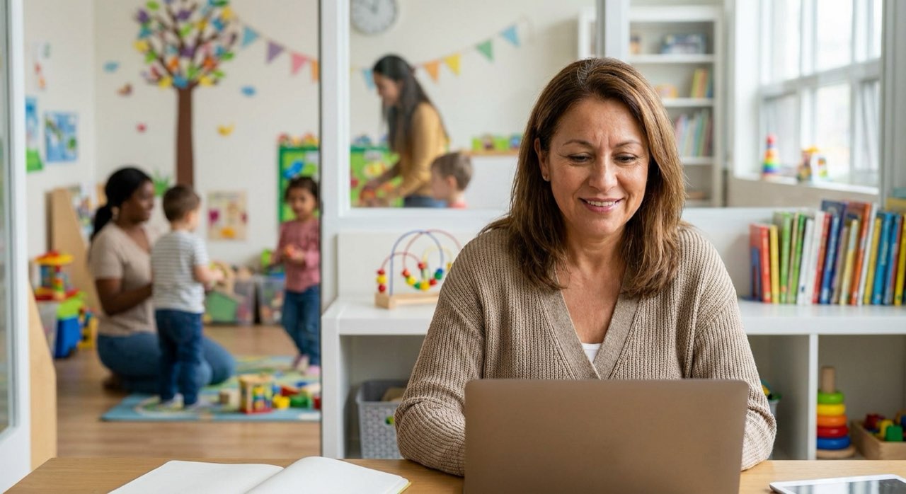 Daycare director smiling while working at a laptop in a bright, tidy office.