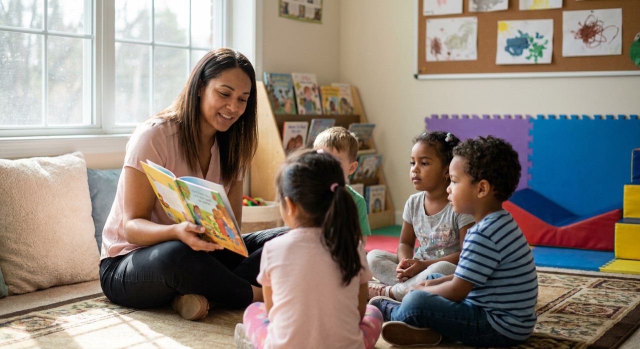 Caring teacher reading a picture book to a small group of children on a classroom rug.