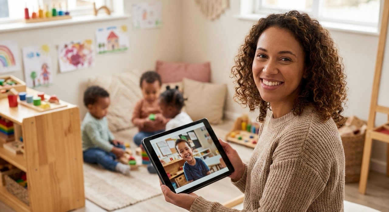 Preschool teacher sending a friendly photo update to parents on a tablet in a classroom.