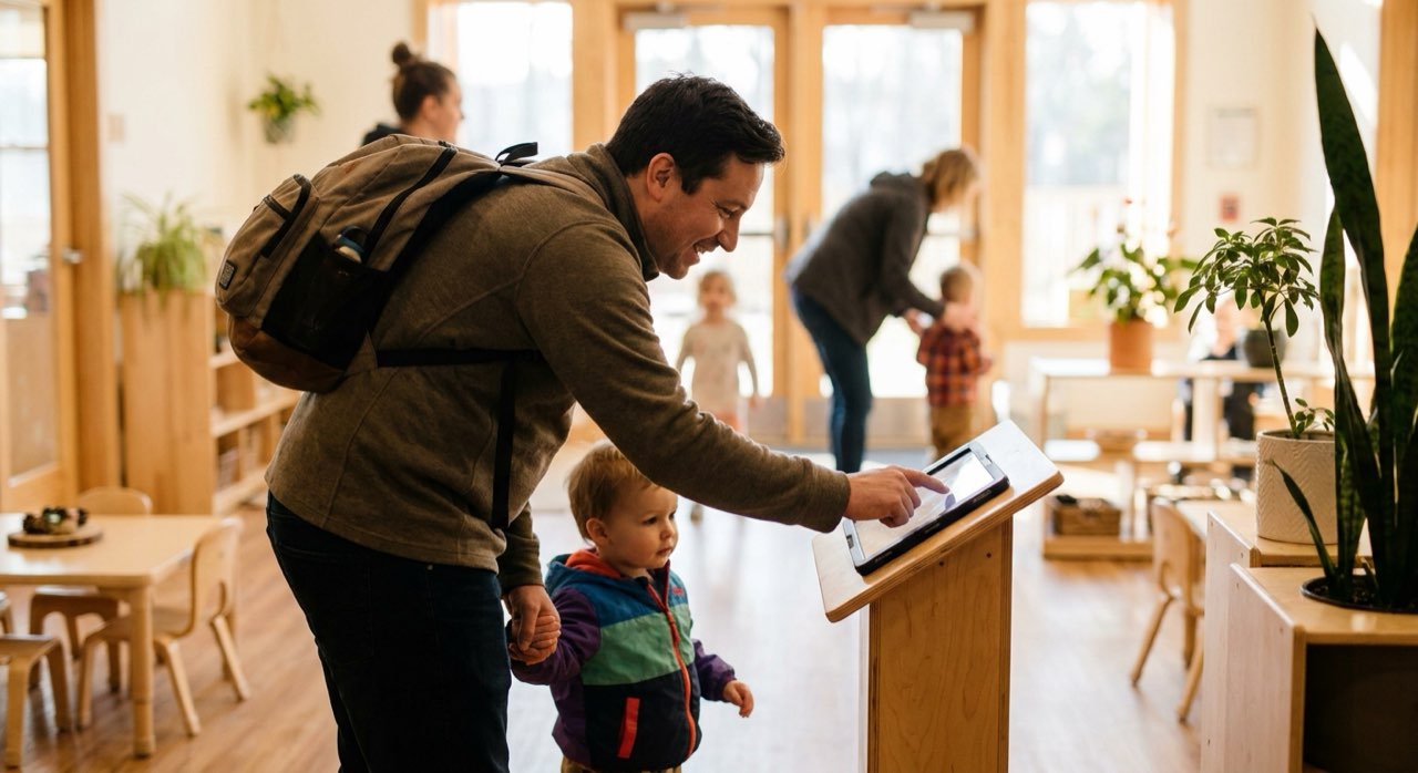 Parent signing their child in on a digital attendance kiosk at a daycare entrance.