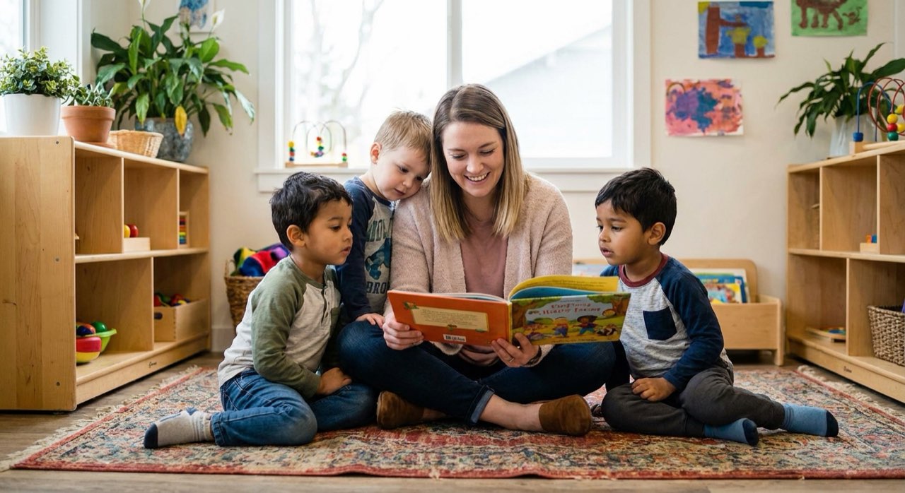 Caring teacher reading a picture book to a small group of children on a classroom rug.