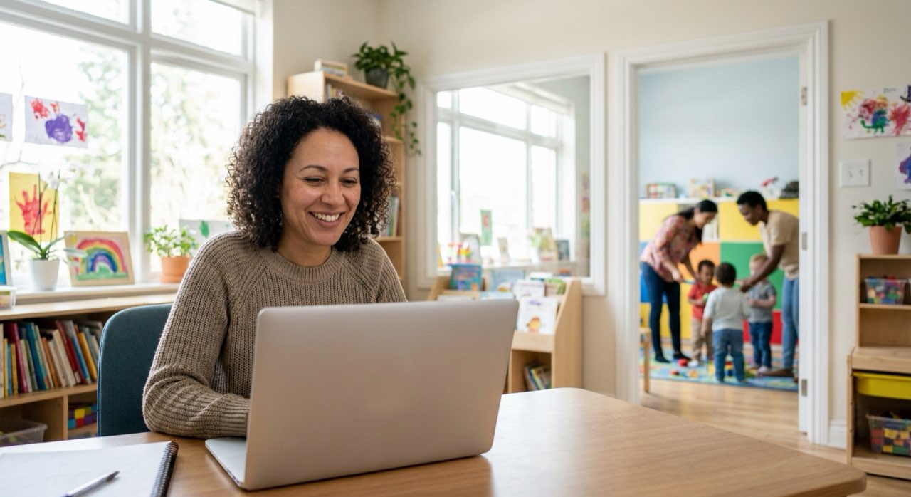 Daycare director smiling while working at a laptop in a bright, tidy office.