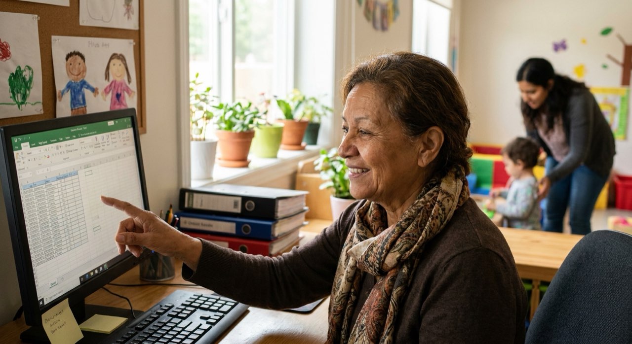 Daycare director reviewing staff schedules and timesheets on a computer in a warm office.