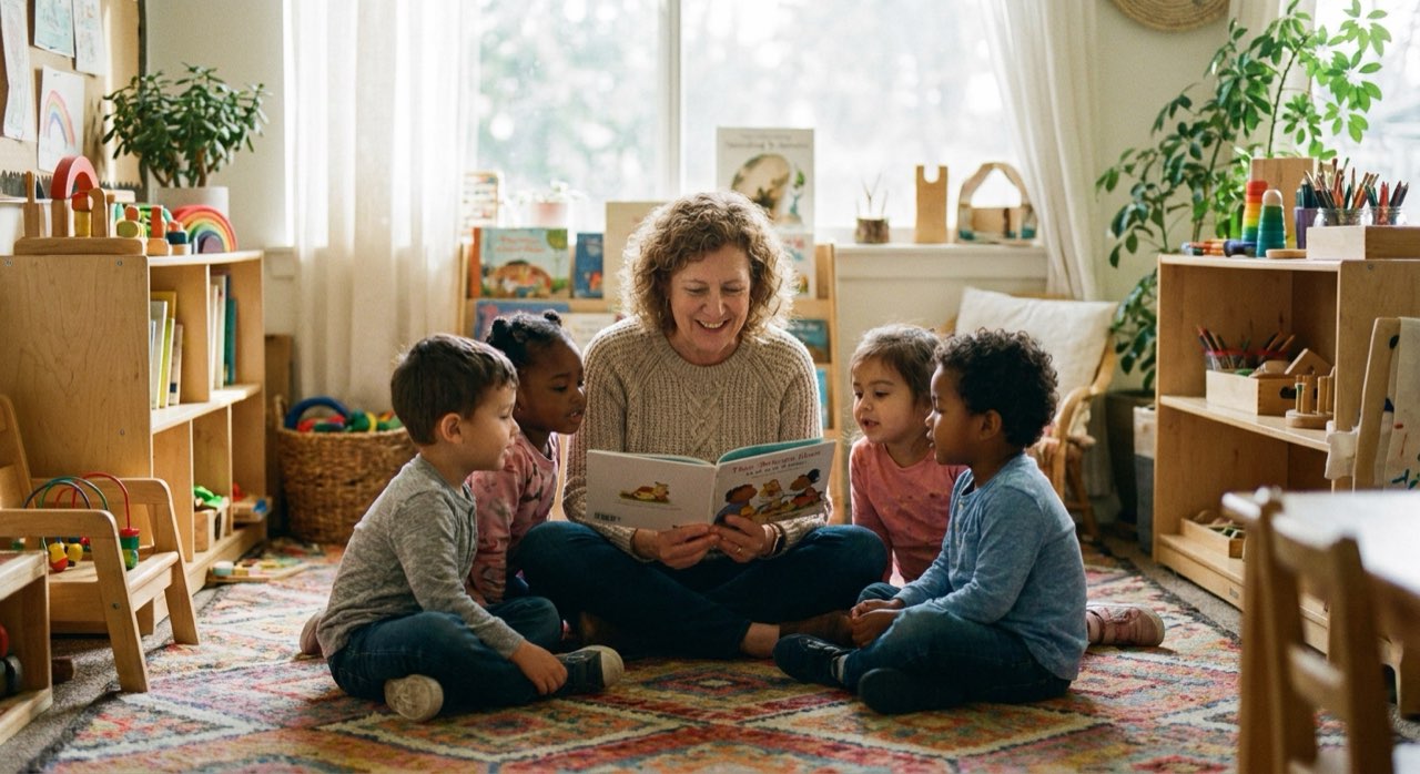 Caring teacher reading a picture book to a small group of children on a classroom rug.