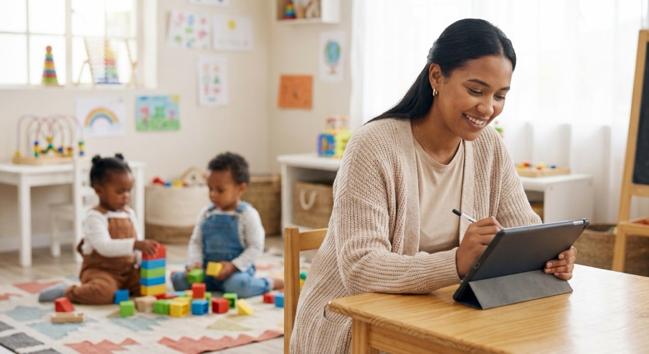 Preschool teacher creating a daily report on a tablet while toddlers play nearby.