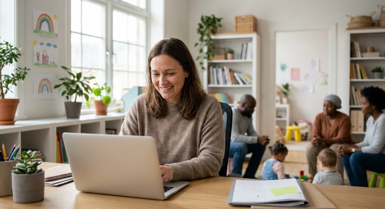 Daycare director smiling while working at a laptop in a bright, tidy office.