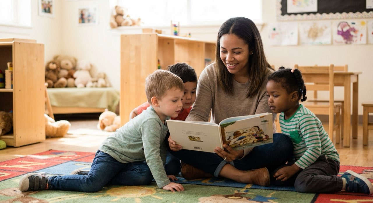 Caring teacher reading a picture book to a small group of children on a classroom rug.