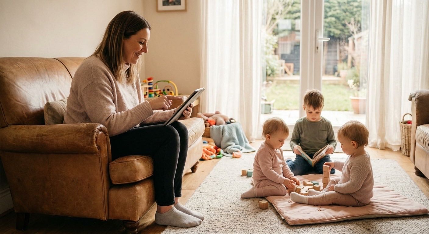 Childcare staff using digital check-in kiosk at preschool drop-off