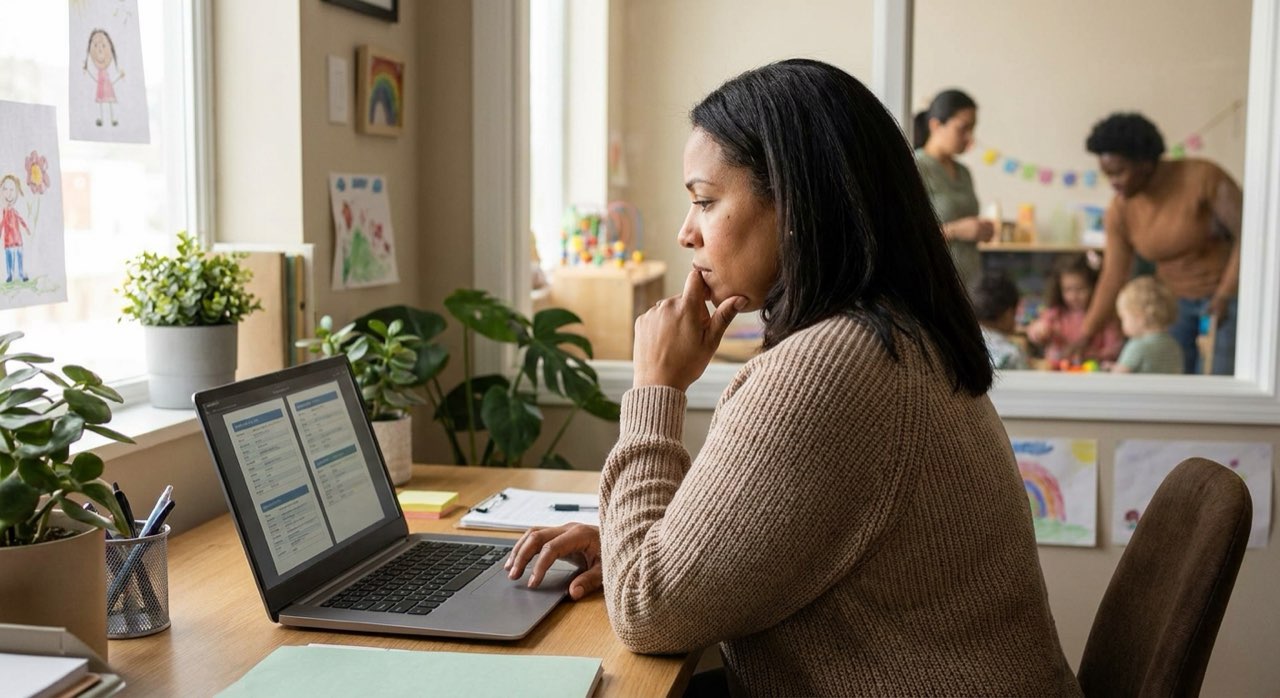 Daycare director thoughtfully comparing software options on a laptop in a bright office.