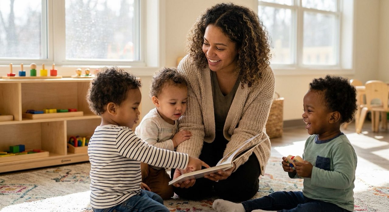 Warm candid moment in a bright daycare classroom with a caring teacher and a few young children.