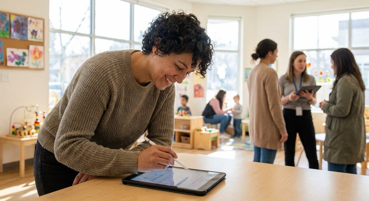 Parent completing digital enrollment forms on a tablet at a bright preschool.