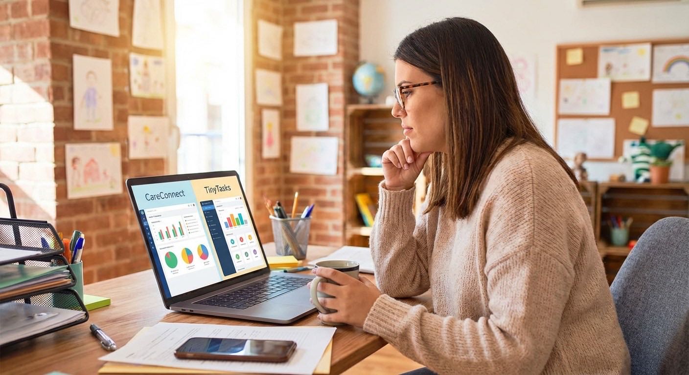 YMCA program director comparing childcare software options