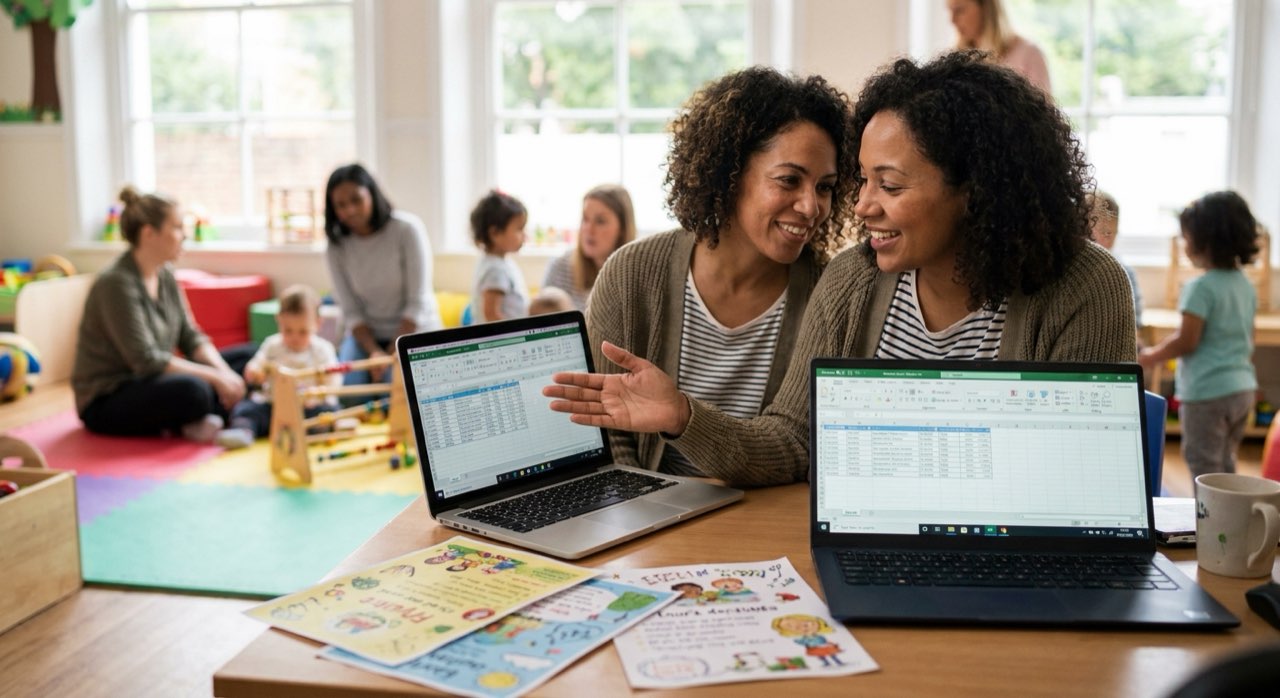 Director organizing multiple childcare and camp programs on a laptop, program flyers nearby.