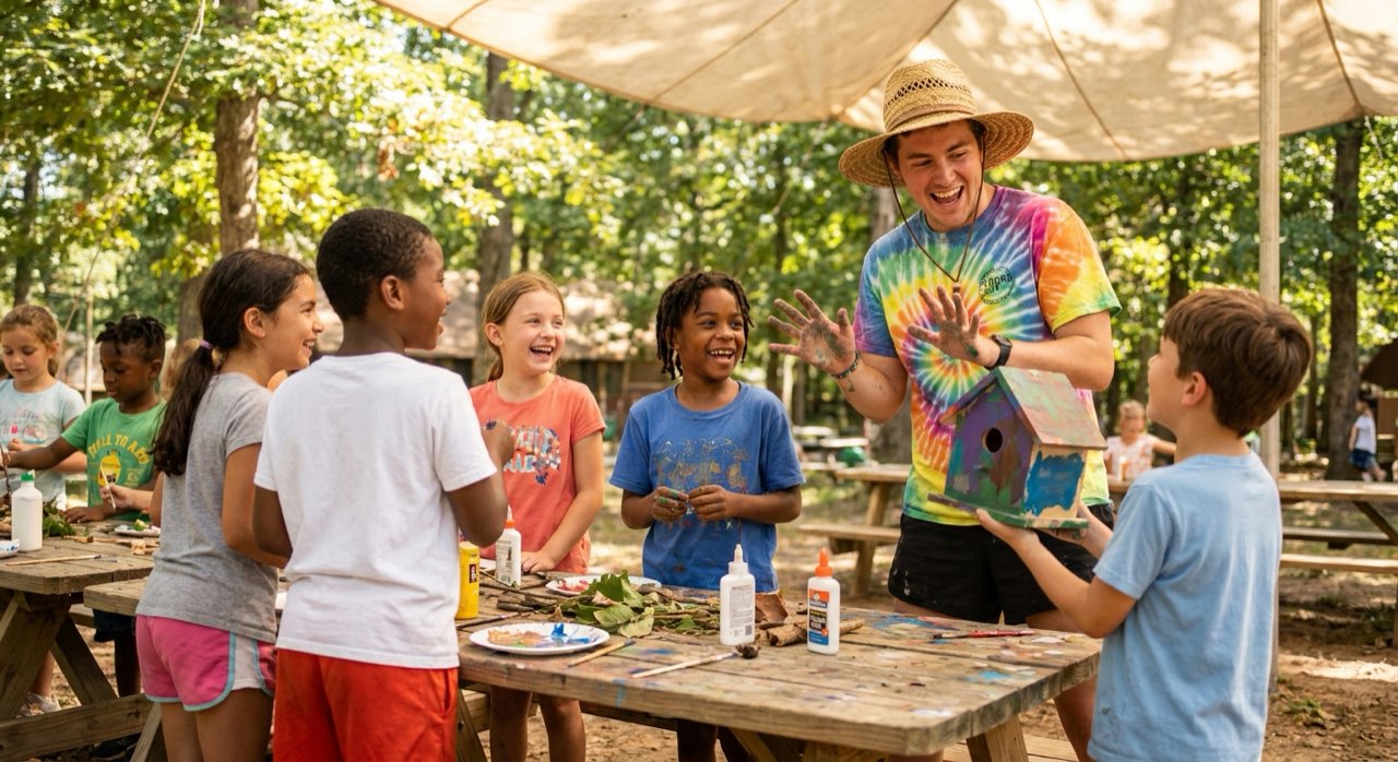 Happy children and an enthusiastic counselor doing an outdoor craft at a sunny summer day camp.