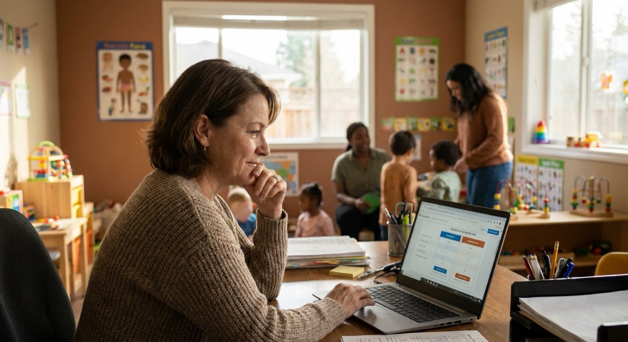 Daycare director thoughtfully comparing software options on a laptop in a bright office.