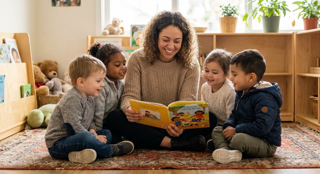Caring teacher reading a picture book to a small group of children on a classroom rug.