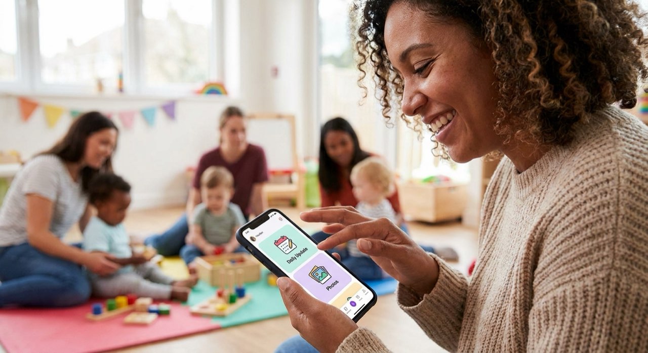 Parent using a childcare parent-portal app on a smartphone, smiling.