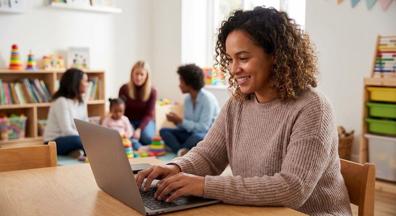 Parent browsing and registering for childcare programs online on a laptop.