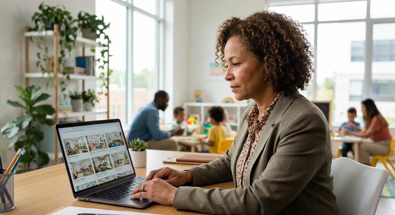 Multi-site childcare manager reviewing several locations on a laptop in a modern office.