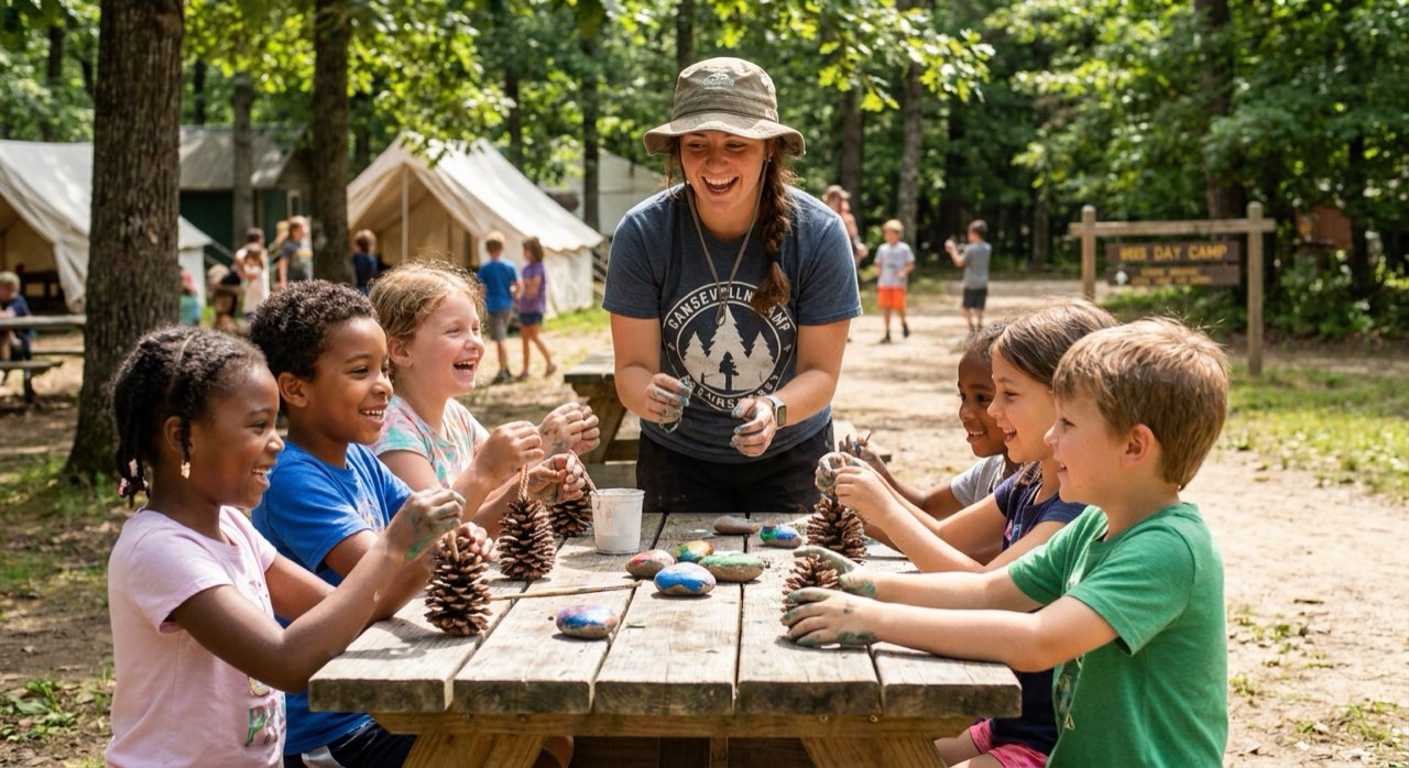 Happy children and an enthusiastic counselor doing an outdoor craft at a sunny summer day camp.