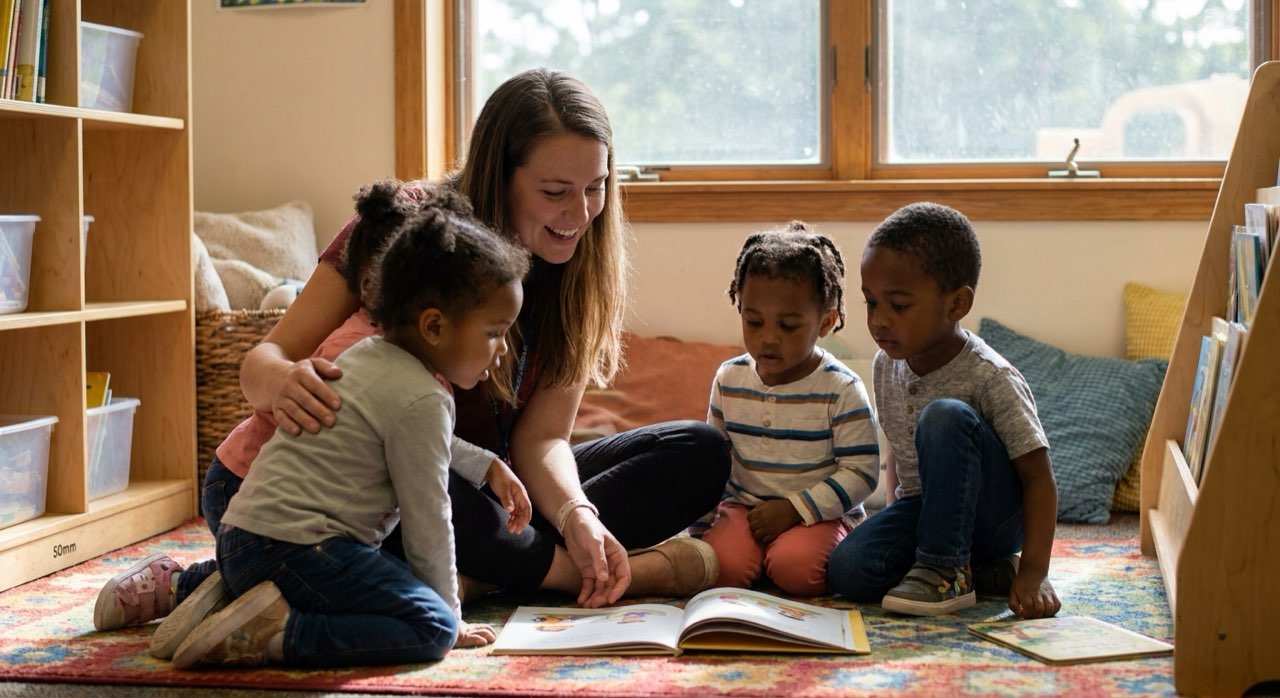 Caring teacher reading a picture book to a small group of children on a classroom rug.
