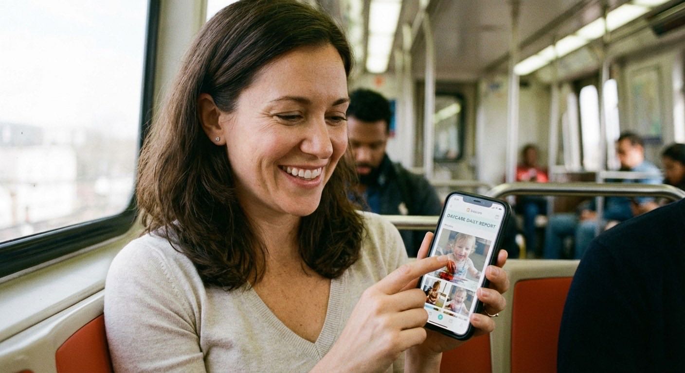 Parent smiling while reading child's daily report with photos on smartphone app