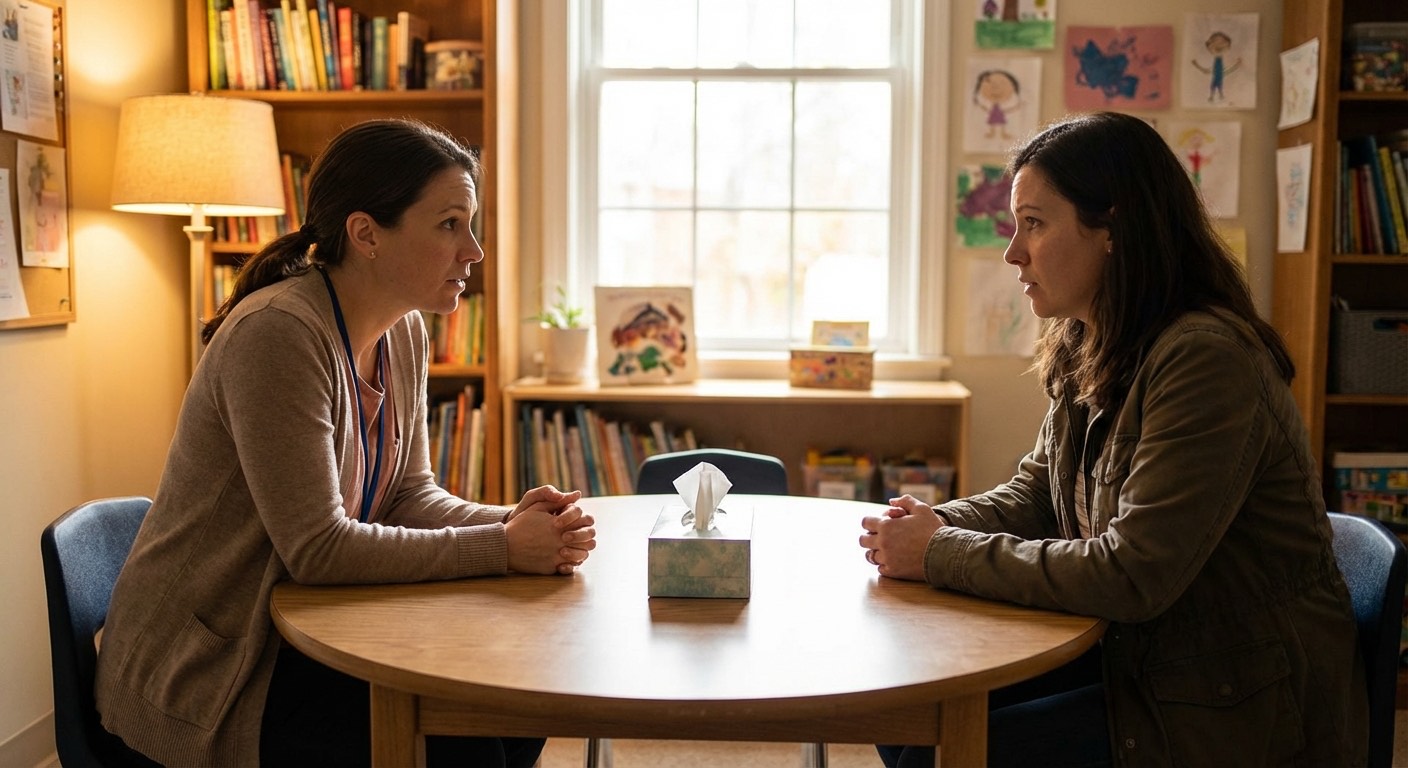 Teacher and parent having thoughtful conversation during parent-teacher conference