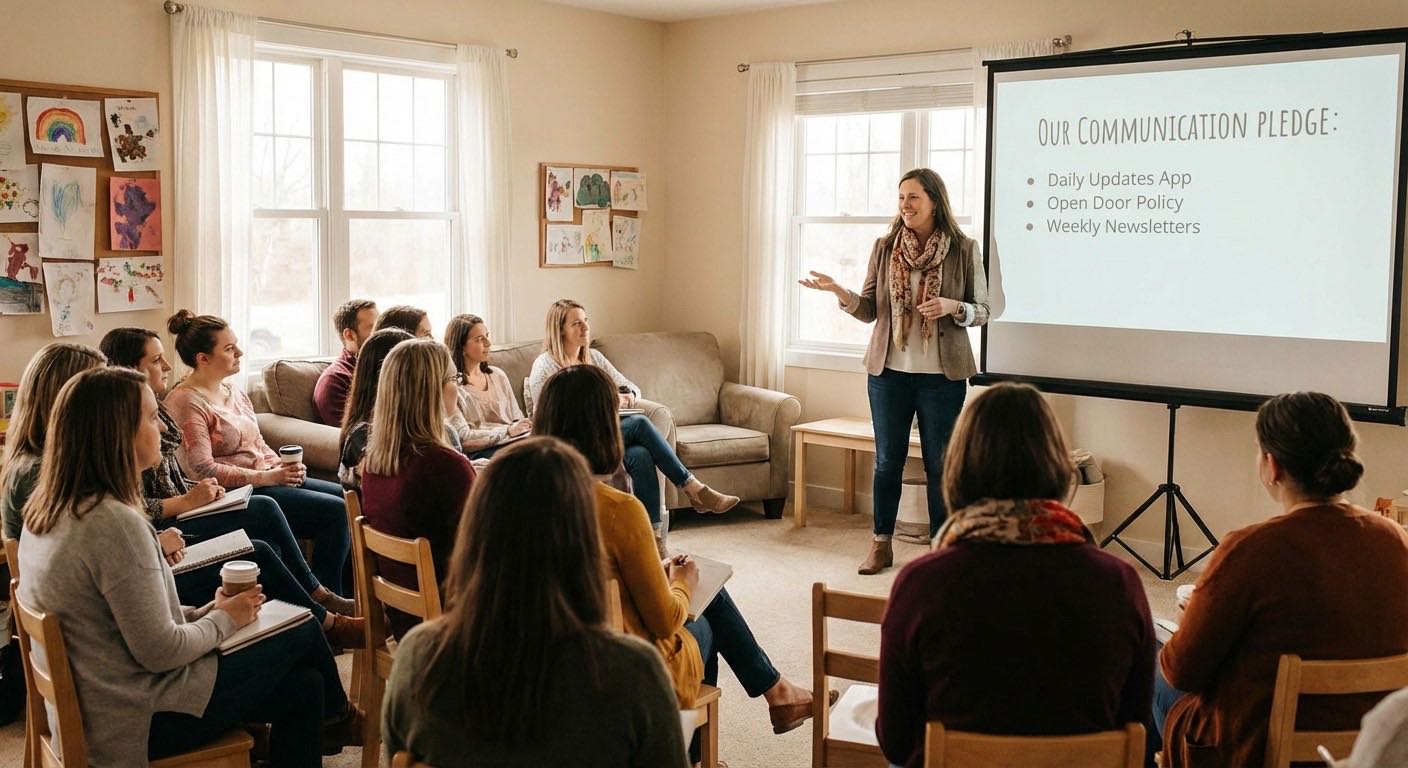 Parent handbook page showing communication policy with response times and channels