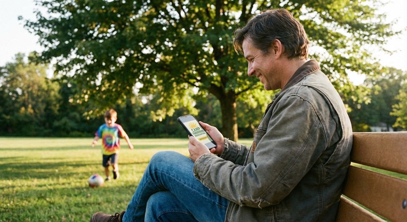 Camp registration software interface showing session selection, add-ons, and payment options