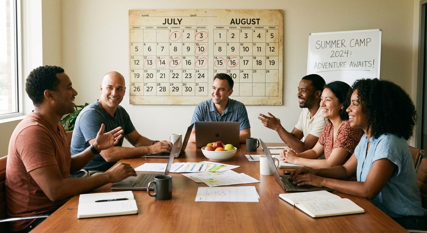 Calendar showing summer camp registration timeline from October through June launch