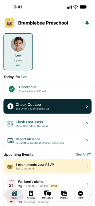 The family app: Leo is checked in at 8:12 AM.